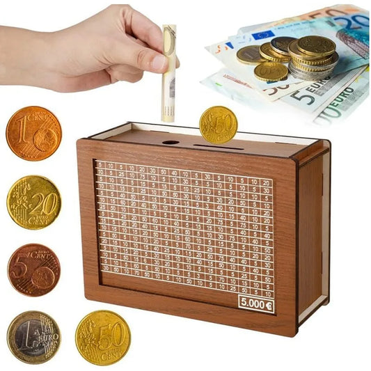 GoalMaster Euro Money Box – Wooden Piggy Bank with Saving Targets